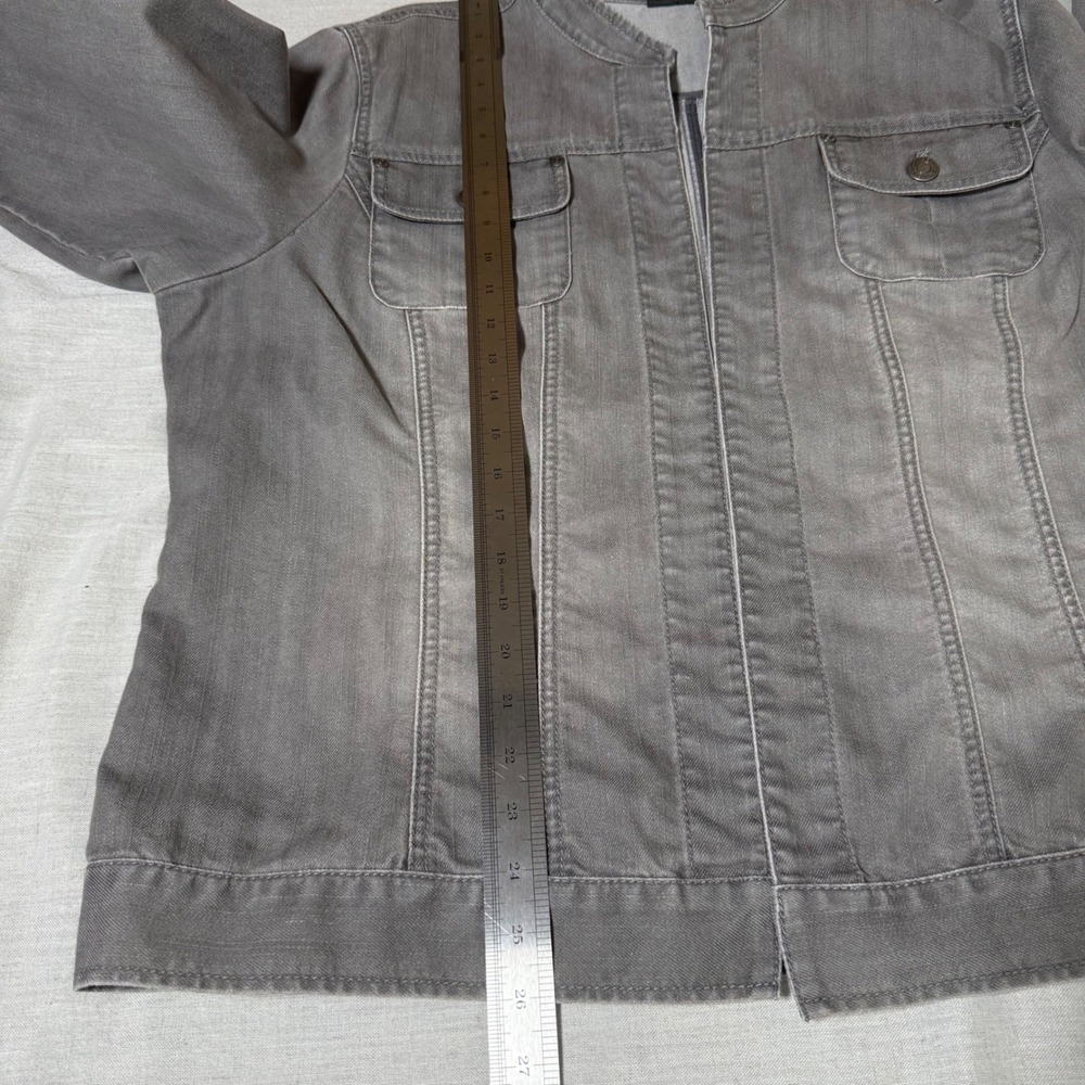 Chicos Additions Gray Denim Jacket Collarless 3/4 Sleeve Size 3 XL Open Front - Picture 8 of 10